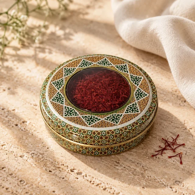 زعفران در قوطی خاتم فلزی